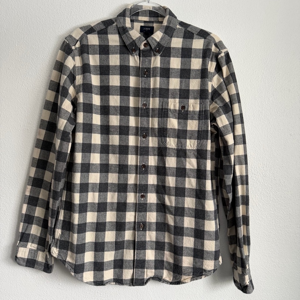 J.Crew Long Sleeve Plaid Heavy Flannel Elbow Patch Gray Button Down Shirt M